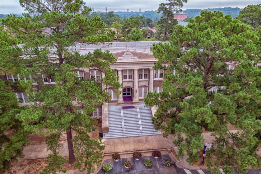 aerial view of the Austin building