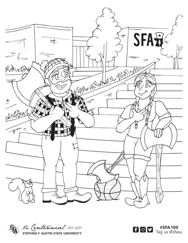 coloring page preview showing two lumberjacks giving the "axe 'em" hand sign