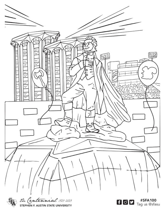 coloring page preview showing the Surfin' Steve statue with balloons and campus landmarks