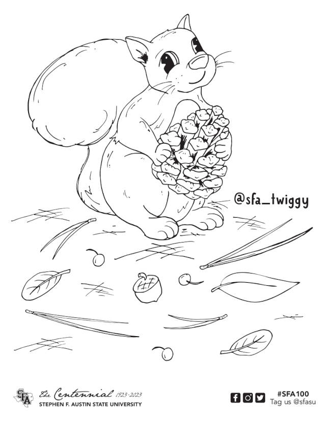 coloring page preview showing Twiggy the squirrel with a pinecone