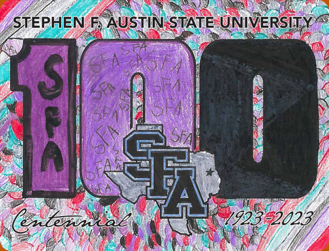 Children category winner, colored by 10-year-old Emma Villafranco and showing '100' behind the SFA spirit logo