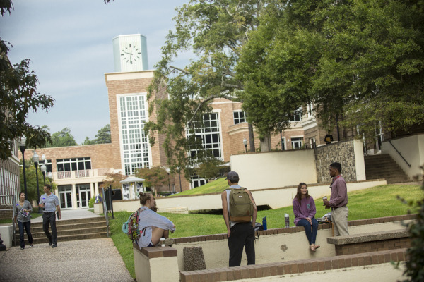 Students congregate in front of the Student Center