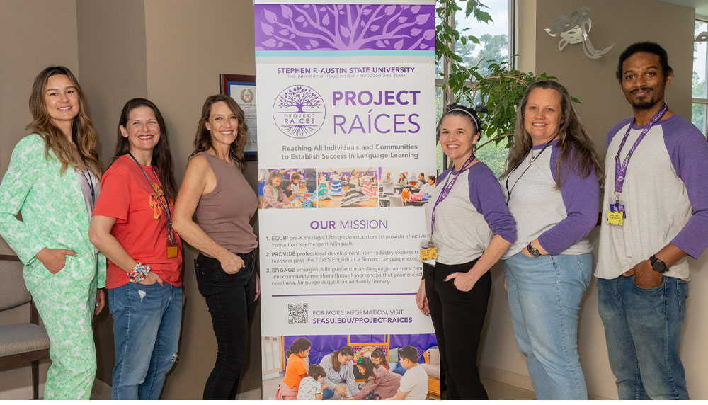 Pictured during one of their workshops are members of the Project Raíces team, from left, Dr. Marisol Diaz, faculty member from California State Polytechnic University, Pomona; Dr. Lauren Burrow, SFA professor; Dr. Chrissy Cross, SFA associate professor; Carrie Wright-Davis, Project Raíces program director; Dr. Heather Olson Beal, SFA professor; and Darius Tubbs, Project Raíces associate program director.