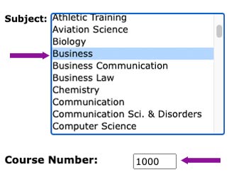 Arrows pointing to the Business option in the Subject list and the course number field with 1000 entered.