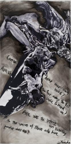 a work by contemporary artist Junko Chodos on display in the art exhibit "Junko Chodos: Can We Hear Our Own Voice?”