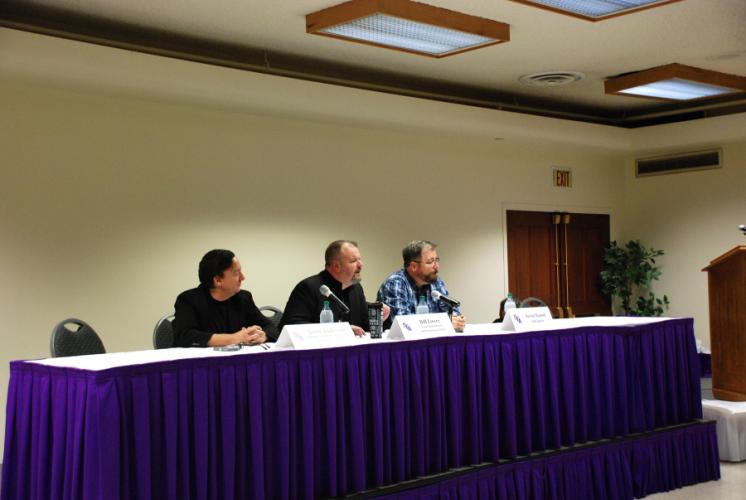 Jason Anderson, vice chair for the National Academy of Television Arts and Sciences in Dallas; Bill Lowry, senior producer for Texas Instruments and Powerhouse Films in Dallas; and Kevin Manuel, remote tech manager for CBS Sports in Houston, shared their broadcast television experiences with SFA students Wednesday during the Department of Mass Communication’s Media Day.