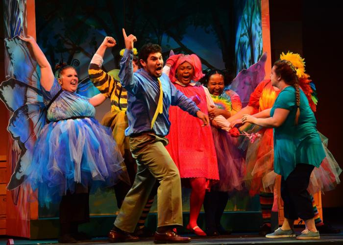 Theatre students Kaitlyn Kirby, James Burns, E.J. Villanueva, Crayten Clendion, Kiara Hawkins, Shane Reynolds and Miriam Newman in a scene from "Pinkalicious the Musical."