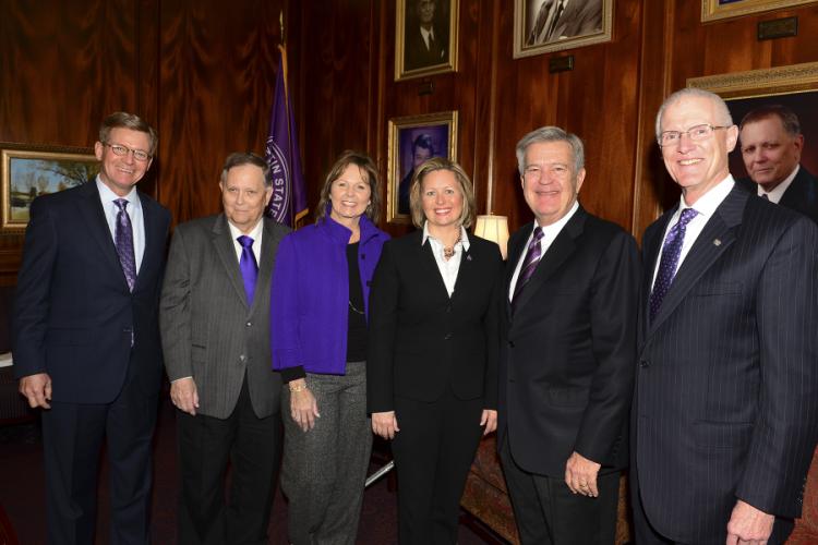 David Alders, chair of the SFA Board of Regents; Dr. Baker Pattillo, university president; and regents Brigettee Henderson, Karen Gantt, Ken Schaefer and Tom Mason. 