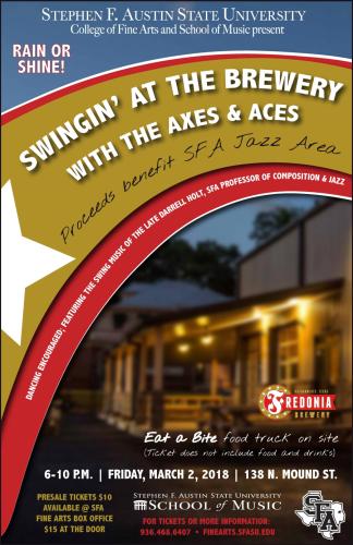 poster for the SFA Swingin' Axes and Swingin’ Aces evening of jazz and fun at the Fredonia Brewery