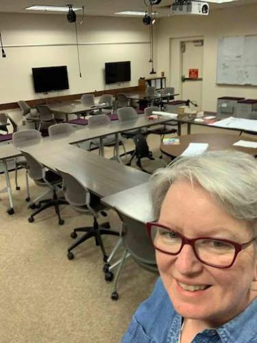 Sally Ann Swearingen in her empty professional practice in interior design classroom at SFA.