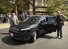 Sen. Robert Nichols and Rep. Travis Clardy with the Uber they hailed in Nacogdoches Wednesday following the company’s debut on the SFA campus. 