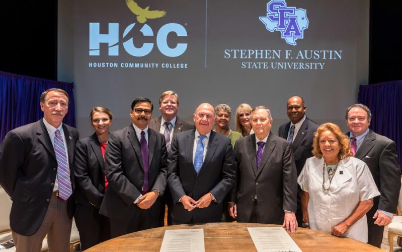 Dr. Steve Bullard, SFA provost; Kirsteen James, SFA interior design student and HCC alumna; Dr. Muddassir Siddiqi, HCC Central president; Dr. Scott Coleman, SFA regent; and Dr. Cesar Maldonado, Houston Community 