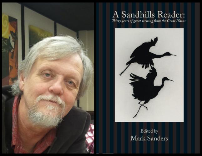 Dr. Mark Sanders and the front cover of “A Sandhills Reader: Thirty Years of Great Writing from the Great Plains,” edited by Dr. Mark Sanders and published by the SFA Press
