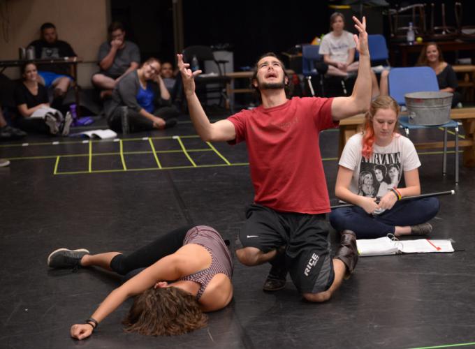 Richmond sophomore Daniel Hicks as Andrew Jackson’s father rehearses a scene in “Bloody Bloody Andrew Jackson.”