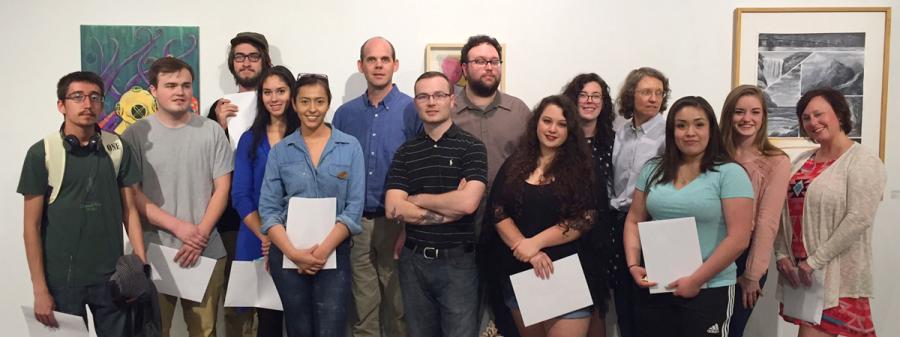 group photo of some of the 2016-2017 SFA art scholarship recipients and School of Art faculty members