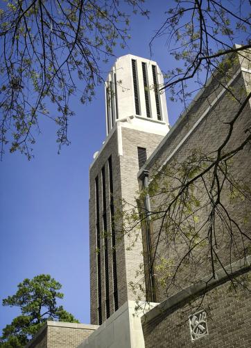 the bell tower located atop the Griffith Fine Arts Building