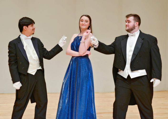 Rehearsing a scene are music students, from left, Rudy Barrera, Spring junior; Jessica Baker, Longview graduate student; and Aaron Fish, Stinnett sophomore.