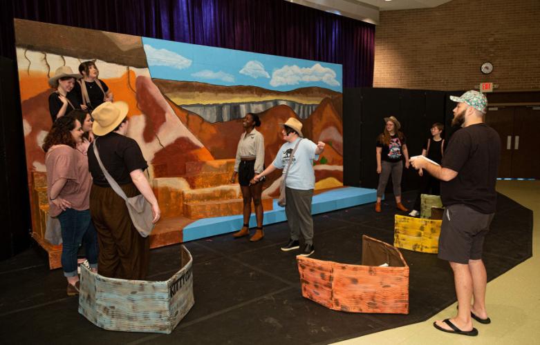 Bobby Britton, a 2017 SFA theatre major graduate, rehearses a scene with the cast of “Men On Boats.”