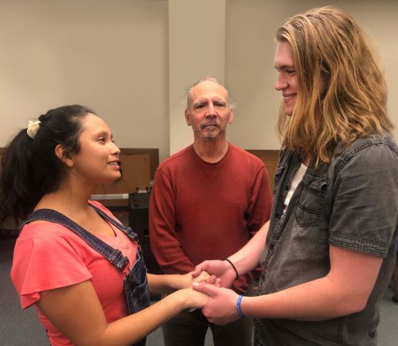Rehearsing a scene are Astrid Maldonado, Katy sophomore; Bill Small, Nacogdoches graduate student; and Drake Willis, Nacogdoches senior.