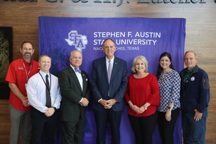 Stephen F. Austin State University Interim President Dr. Steve Westbrook and Lamar State College Orange President Dr. Tom Johnson met today to reaffirm their 2019 Articulation Agreement that guarantees credits earned at LSCO will seamlessly transfer to SFA for students wanting to complete a bachelor’s degree.