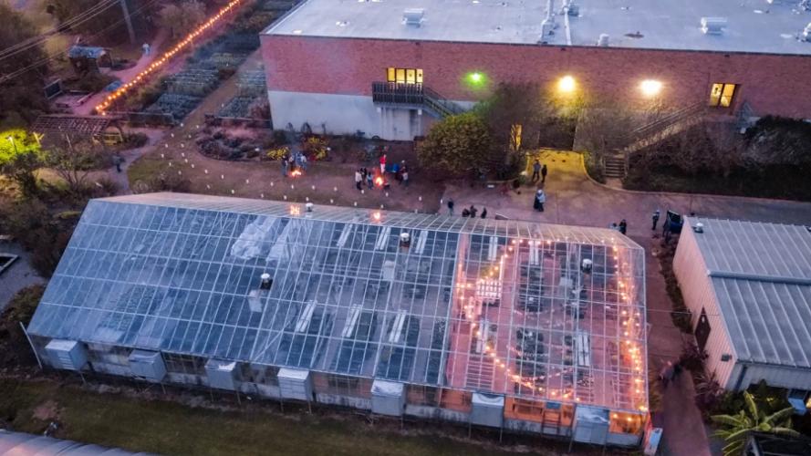 Aerial view of the SFA Plant Fair with evening lighting