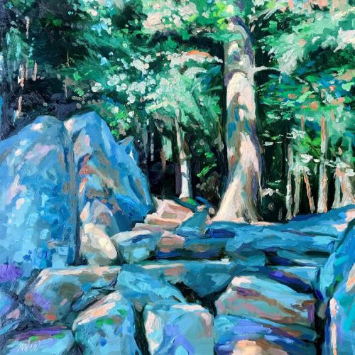 “Walking into woods,” 20 x 20,” oils on canvas 2022