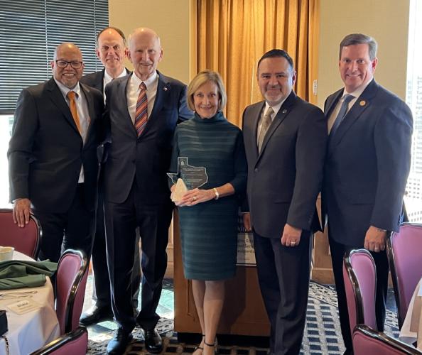 Dr. Kirk A. Calhoun, president, The University of Texas at Tyler; Dr. Steve Westbrook, interim president, Stephen F. Austin State University; Jim and Margaret Perkins; Dr. Juan E. Mejia, president and CEO, Tyler Junior College; and Dr. J. Blair Blackburn, president, East Texas Baptist University.