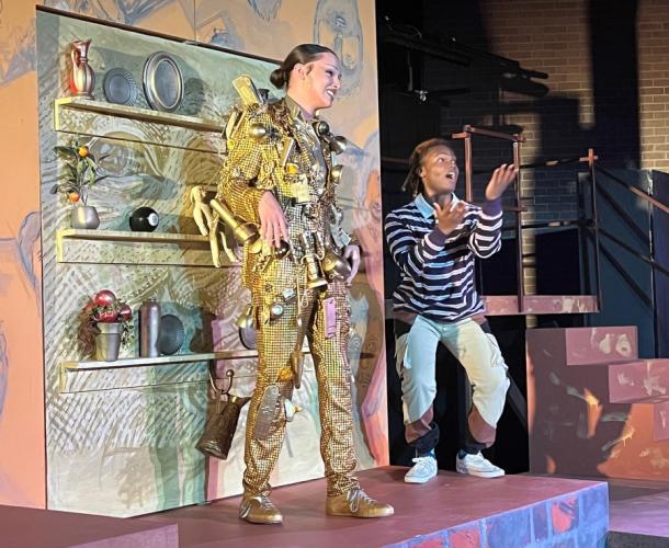 Stephen F. Austin State University theatre majors Mariano Aguirre, Dallas junior, as Stuff, and Daun Whaley, Texarkana junior, in the title role of Everybody, perform a scene from Branden Jacobs-Jenkins’ multifaceted play.