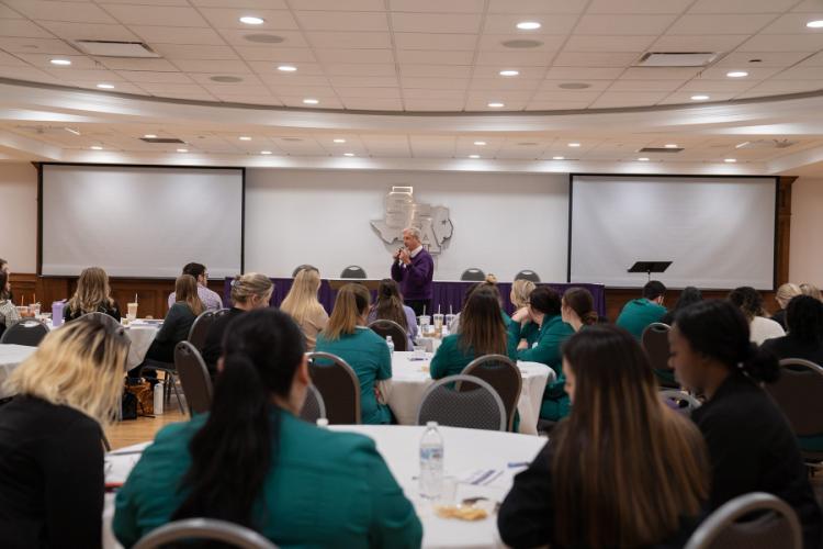 Paul Smith, a 40-year veteran of the financial services industry, presents a session on leadership to fourth-semester Stephen F. Austin State University DeWitt School of Nursing students and nursing students from Panola College in Carthage.
