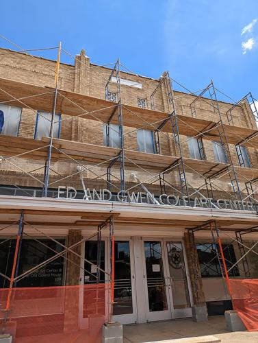 Exterior view of The Cole Art Center with construction scaffolding