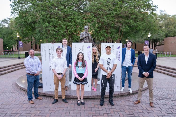 Matthew Smilor, director of ACE; finalists Isaiah Turner, Katie King and Quinton Williams; and Dr. Raymond Jones, associate professor and director of the entrepreneurship program at SFA with competition winners Walker Ridgeway, Bacem Ben Daly and Abbi Williams. 
