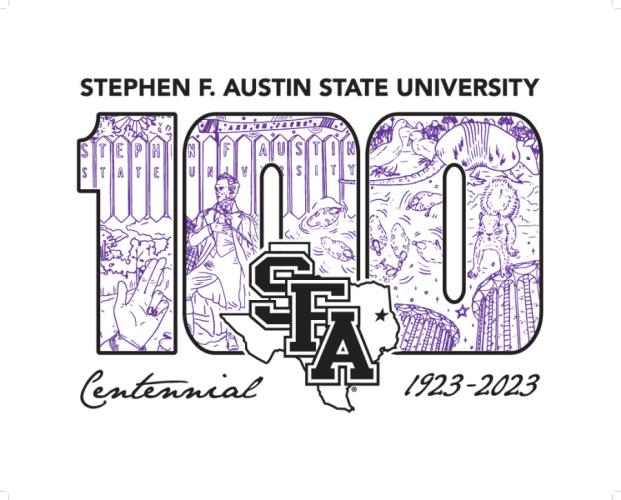 Savannah Walker ’19, Stephen F. Austin State University alumna, won the centennial design contest’s adult category. She said she was inspired by SFA and Nacogdoches iconography for her design. 