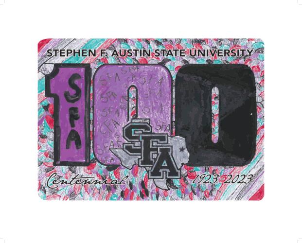 Emma Villafranco, daughter of Stephen F. Austin State University alumni Enrique Villafranco ’13 and Erika Rangel Villafranco ’13, won the centennial design contest’s child category. She created a design with a multicolored background and lots of purple.