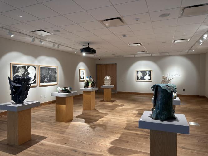 “A Collection of Works by Piero Fenci” features a combination of ceramics and ink drawings on paper.