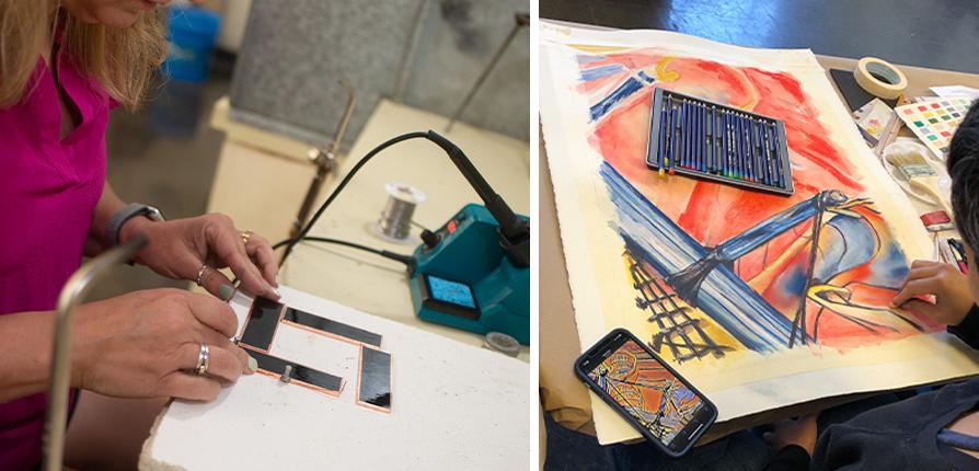 Two images showing a closeup of a participant working on an art project