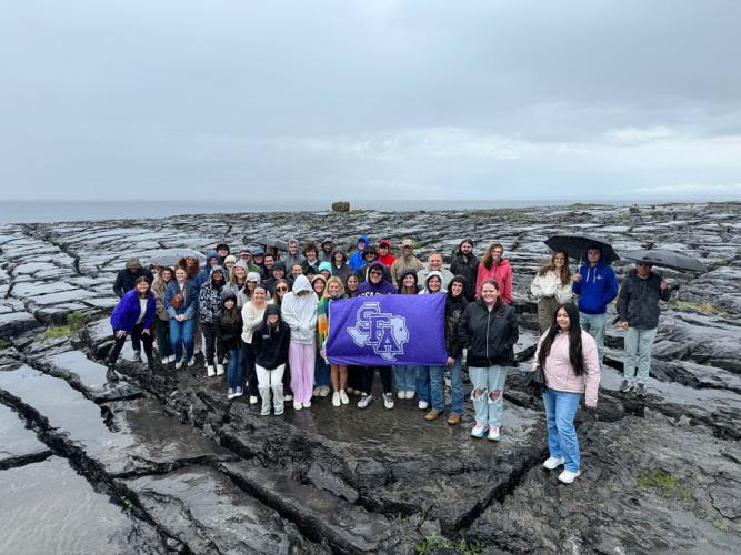 Students from Stephen F. Austin State University’s Rusche College of Business stopped by the Burren in southwest Ireland, which is famous for its cracked pavement of glacial-era limestone, as well as cliffs and caves, fossils, rock formations, and archaeological sites.