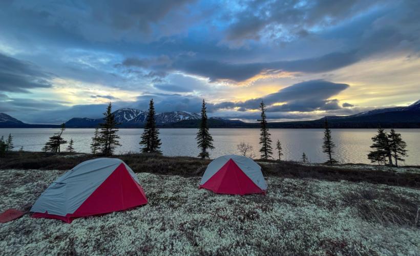 The Composing in the Wilderness campsite near Lake Clark at dusk