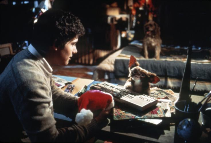 a still photo from the movie "Gremlins" with Zach Galligan and his pet, Gizmo