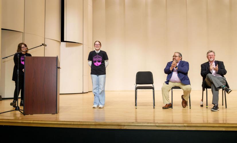 Olivia Smith with  Dr. Claire Murphy, music education coordinator; Dr. J.D. Salas, interim director of the School of Music; and Dr. Gary Wurtz, dean of the Micky Elliott College of Fine Arts