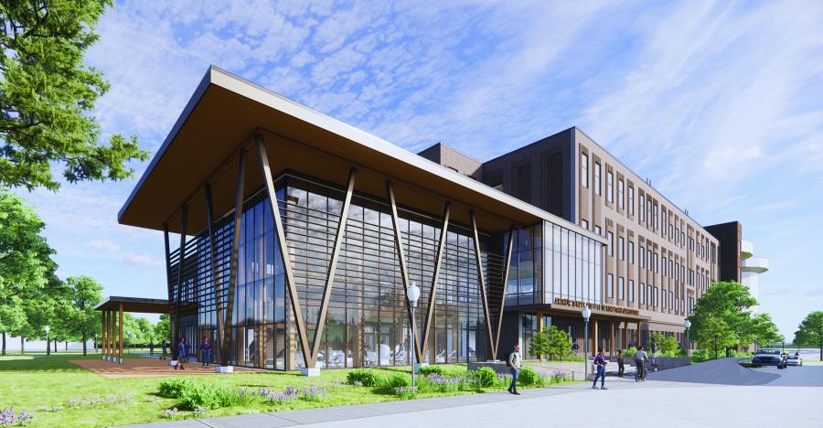 A rendering provided by Kirksey Architecture of the new Forestry Building’s southern facade on East College Street.