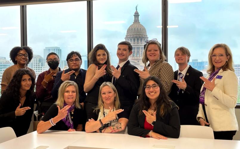 Pictured are students Omoningho Ekoh, King Gourlay, Cristopher Martinez, Taylor McCloskey, Garret Owens, Margaret Wood, Colin Anderson, Karina Bandaru, Amy Lavin, Bryanna Martine, and Chair of the Department of Education Studies Dr. Jannah Nerren with Dr. Christina Sinclair, associate dean of the James I. Perkins College of Education.