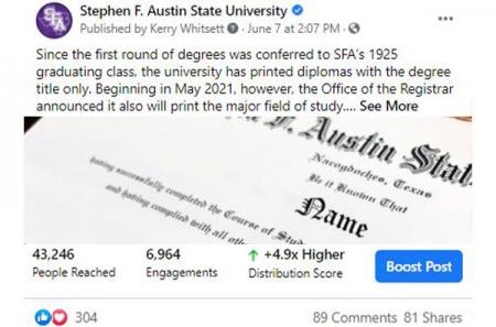 Facebook post announcing addition of major field of study to SFA university diplomas beginning May 2021
