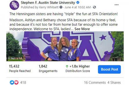 Facebook post during SFA Orientation introducing 3 new students - a set of triplets 