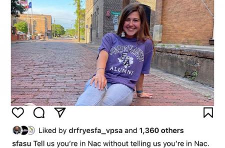 Instagram engagement post asking the SFA community to "Tell us you're in Nac without telling us you're in Nac"
