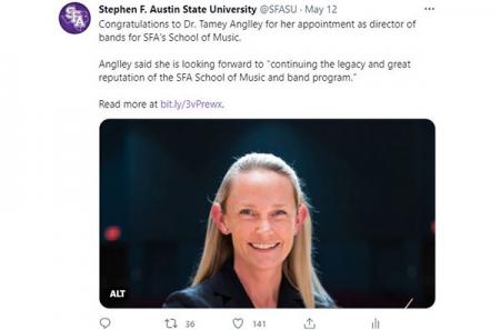 Twitter post congratulating Dr. Tamey Anglley on her appointment as director of bands for SFA's School of Music
