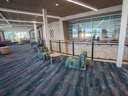 The third-floor lobby, known as “The Treehouse,” is a gathering place for students to study, collaborate and create. Photo by Michael Tubbs '05, '10 & '11