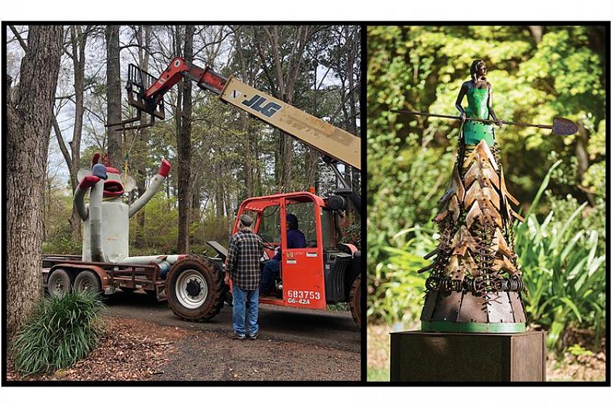 Joe Barrington's "Sock Monkey" sculpture (left) and Teresa Lind's "The Farmer" sculpture.