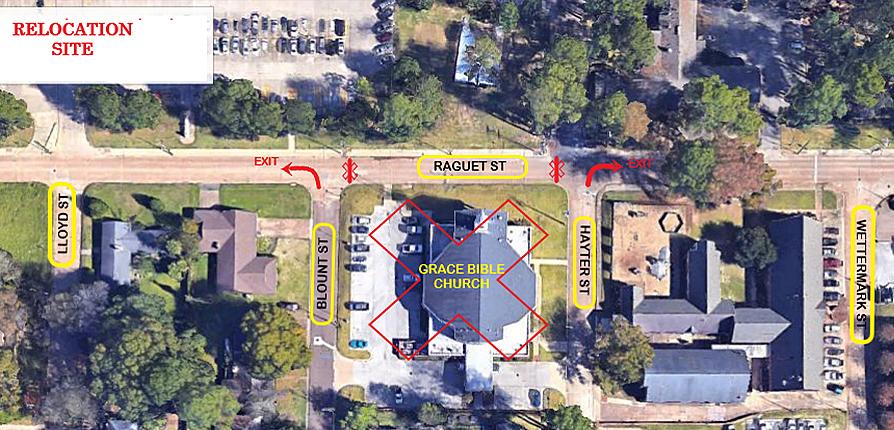 Google image of Grace Bible Church map view showing exit routes