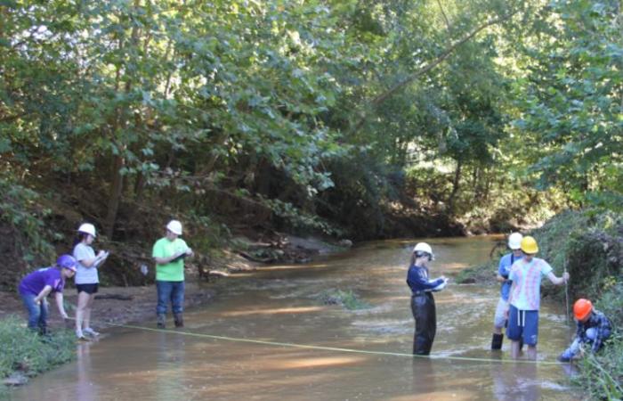 students measuring a stream